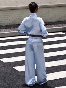Muchica Women's Casual Streetwear Comfortable Light Blue New Chinese Style Satin Long Sleeve Set, Autumn/Winter Everyday Going Out Day Time - Baby Blue - View 2