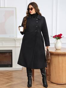 Easowa Curve Plus Size Women's Solid Color Lapel Neck Long Sleeve Casual Wool Blend Jacket - Black - View 9