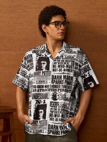 HARRY POTTER X SHEIN Men's Letter Print Fashion Single-Breasted Short Sleeve Shirt - White - View 5