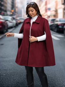Reflora Plus Size Elegant Cape Sleeve Overcoat, Autumn/Winter - Burgundy - View 3