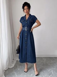 Elenzga Women's Minimalist Button Front Batwing Sleeve Washed Denim Dress - Dark Wash - View 4