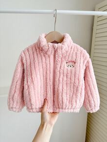 SHEIN 女嬰毛茸茸卡通熊外套 秋冬款 - 粉色 - 查看 1