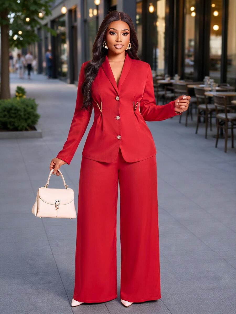 Brilight V Metal Decor Waist Slim Jacket High Waist Wide Leg Pants For Wedding Guest Office Business Party - Red - View 1
