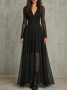 LUMIGAL Women's V-Neck Mesh Patchwork Dress - Black - View 5
