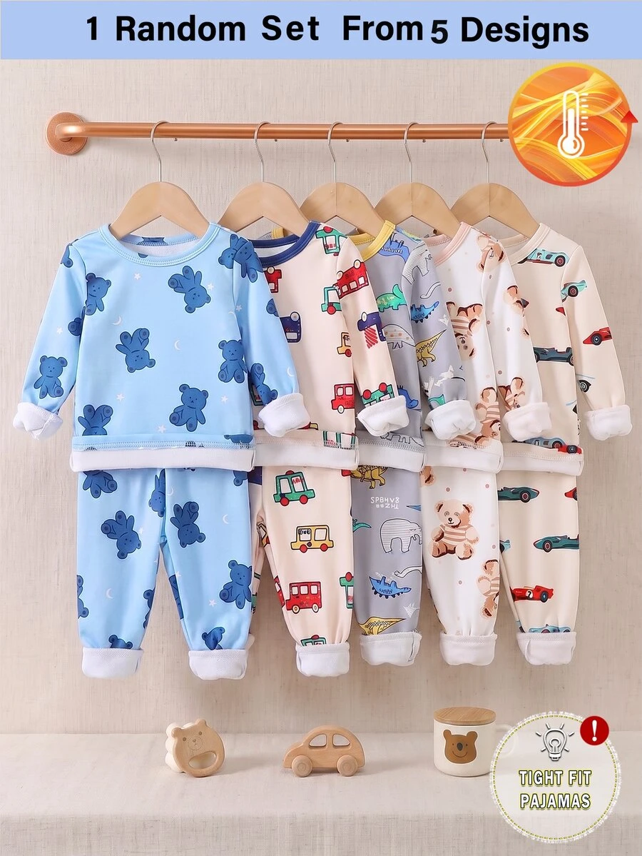1 Set Randomly Sent Baby Boy Fashion Minimalist Cute Comfortable Cool Soft Skin-Friendly Thickened Winter Fitted Knitted Fleece Fabric Multi-Color Cartoon Car Teddy Bear Dinosaur Print Pattern Crew Neck Long Sleeve Pullover Top With Long Pants Pajama Set Homewear Set 2-Piece Set - Multicolor - View 1