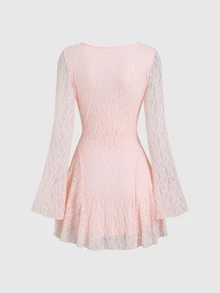Sweetra Women's Sweet Pink Floral Lace Dress, Drawstring Bust, Puff Sleeves, Fitted Short Mini Dress, Romantic Evening Gown - Pink - View 3