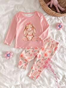 新生女嬰可愛卡通與花卉圖案長袖居家服套裝 - 彩色 - 查看 3