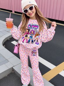 女童小女孩字母卡通印花長袖運動衫與運動長褲休閒日常套裝 - 彩色 - 查看 6