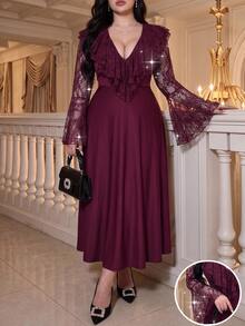 Vibekara Gaun Pesta Wanita Elegan Model A-Line Lengan Panjang Warna Burgundy untuk Musim Semi, Gugur, dan Musim Dingin. - Red Violet - View 8