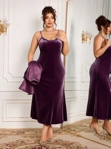 Modelyn Plus Size Women Solid Color Top And Camisole Dress Fashion 2 Pieces Set - Purple - View 3