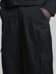 Musero Barrel Leg Cotton Trousers Side Front Cargo Pockets Front Pleated Co Ord Trosuers Only Autum Winter Essentials - Black - View 5