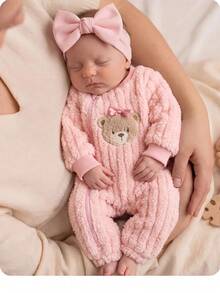 SHEIN Newborn Baby Cartoon Bear Design Plush Romper - Pink - View 1