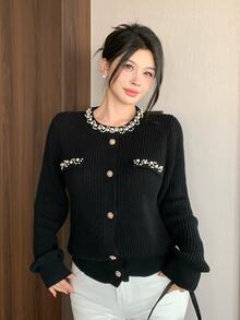 Modelyn Women's Faux Pearl Decorated Long Sleeve Single-Breasted Casual Knit Cardigan - Black - View 6