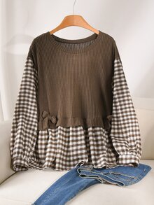 CosyJoli Plus Size Women's Casual Plaid Patchwork 2 In 1 T-Shirt - Camel - View 4