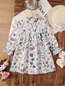 SHEIN 可愛花卉印花長袖洋裝，適合女嬰 - 白色 - 查看 4