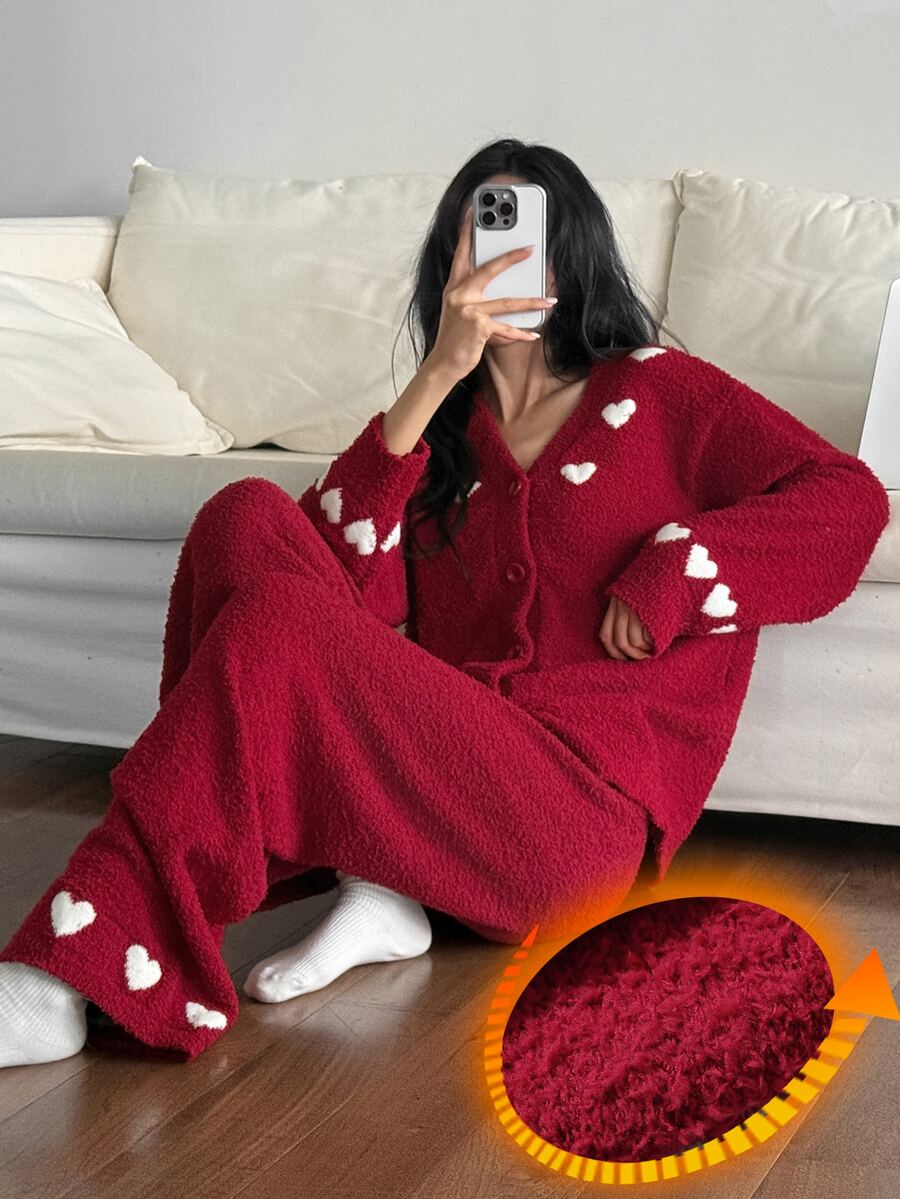 DAZY Women's 2-Piece Heart Pattern Loose Cardigan Long Sleeve Knit Top And Straight Leg Long Pants Pajama Set, Autumn/Winter - Red - View 1