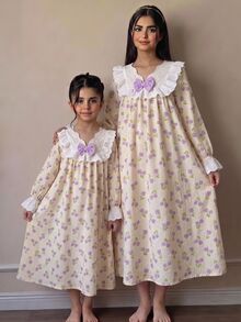 SHEIN 女童粉色碎花睡裙，3D蝴蝶結裝飾可愛蕾絲洋裝 - 彩色 - 查看 5