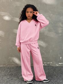 SHEIN 兒童青少年女孩灰色兩件套，印花返校秋季休閒校園風 V 領毛茸茸柔軟彈性運動衫與針織寬腿運動長褲 - 粉色 - 查看 4
