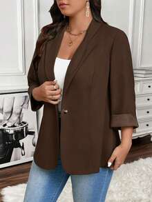 SHEIN LUNE Jaket Blazer Kasual Wanita Ukuran Besar Warna Polos Kerah Berlengan 3/4 untuk Beraktivitas di Luar Rumah - Chocolate Brown - View 4