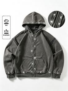ROMWE MEN Street Life Men's Rhinestone Casual Versatile Daily Wear Hoodie - Grey - View 1
