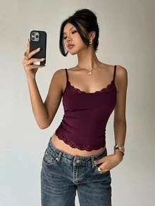 Aloruh 女款純色對比蕾絲修身時尚細肩帶背心 - 紫色 - 查看 7