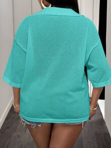 Slaydiva Plus Size Women Solid Color Collared Drop Shoulder Casual Knit Top - Baby Blue - View 2