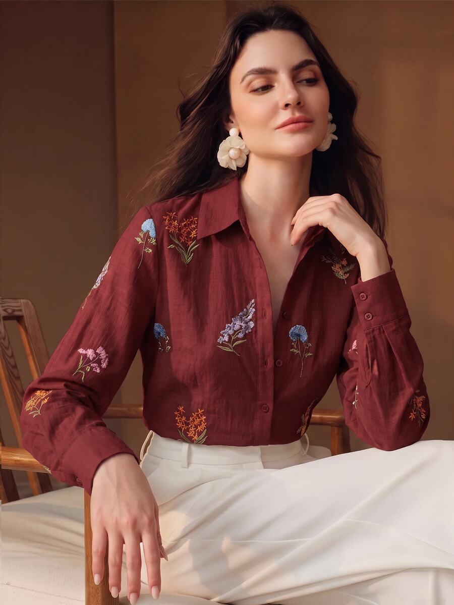 Anewsta Fall Elegant Retro Romantic Embroidered Dark Red Floral Long Sleeve Pleated Vacation Faux Linen Women's Blouse, Autumn Casual Work Brunch Business - Red - View 1