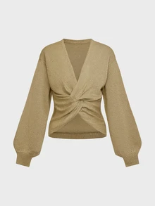 LUMIGAL Shiny Golden Yellow Front Twist Lantern Sleeve Elegant Women's Sweater, Suitable For Autumn/Winter Wear - Yellow - View 3