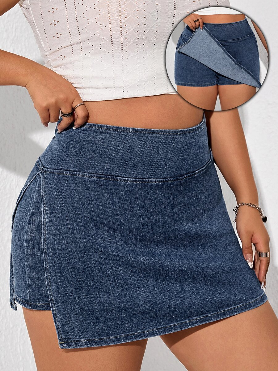 SHEIN EZwear Plus Size Women High Waist Asymmetrical Hem Casual Denim Skorts - Blue - View 1