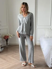 DAZY Women's Lace Patchwork Long Sleeve Top And Pants Casual Daily Home Sleepwear Set - Blue - View 6