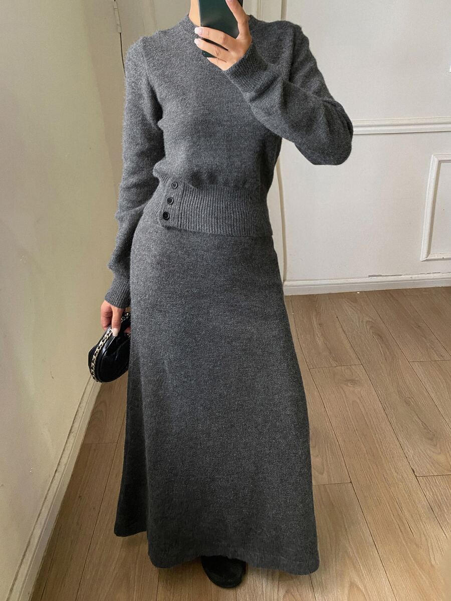 DAZY Solid Color Fitted Crew Neck Long Sleeve Pullover Sweater & A-Line Umbrella Skirt, Elegant Formal Vacation Korean Style Thickened Autumn/Winter 2 Pieces Set For Women - Grey - View 1