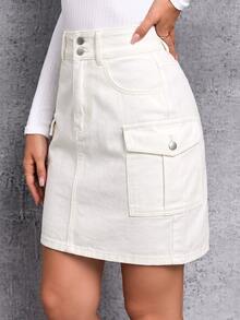 Breezaya Plus Size Women's Casual Denim Mini Skirt With Pockets And Buttons For Daily Wear - Apricot - View 5