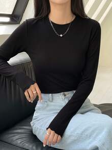 DAZY Women's Solid Color Round Neck Long Sleeve Casual Versatile T-Shirt - Black - View 5