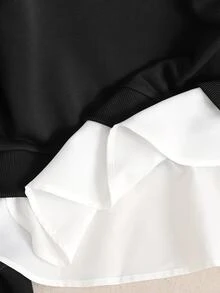 SHEIN 青少年女孩襯衫領刺繡小馬圖案秋冬衛衣 2合1拼接款 - 黑色 - 查看 7