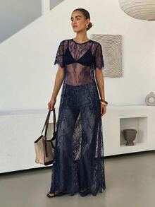 Lavishia 女款圓領短袖性感透視蕾絲洋裝 - 藏蓝色 - 查看 5