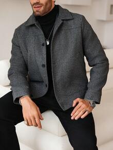 Manfinity Homme Men's Mature Casual Solid Color Wool Blend Plus Size Jacket, Perfect Holiday Gift Choice - Dark Grey - View 3
