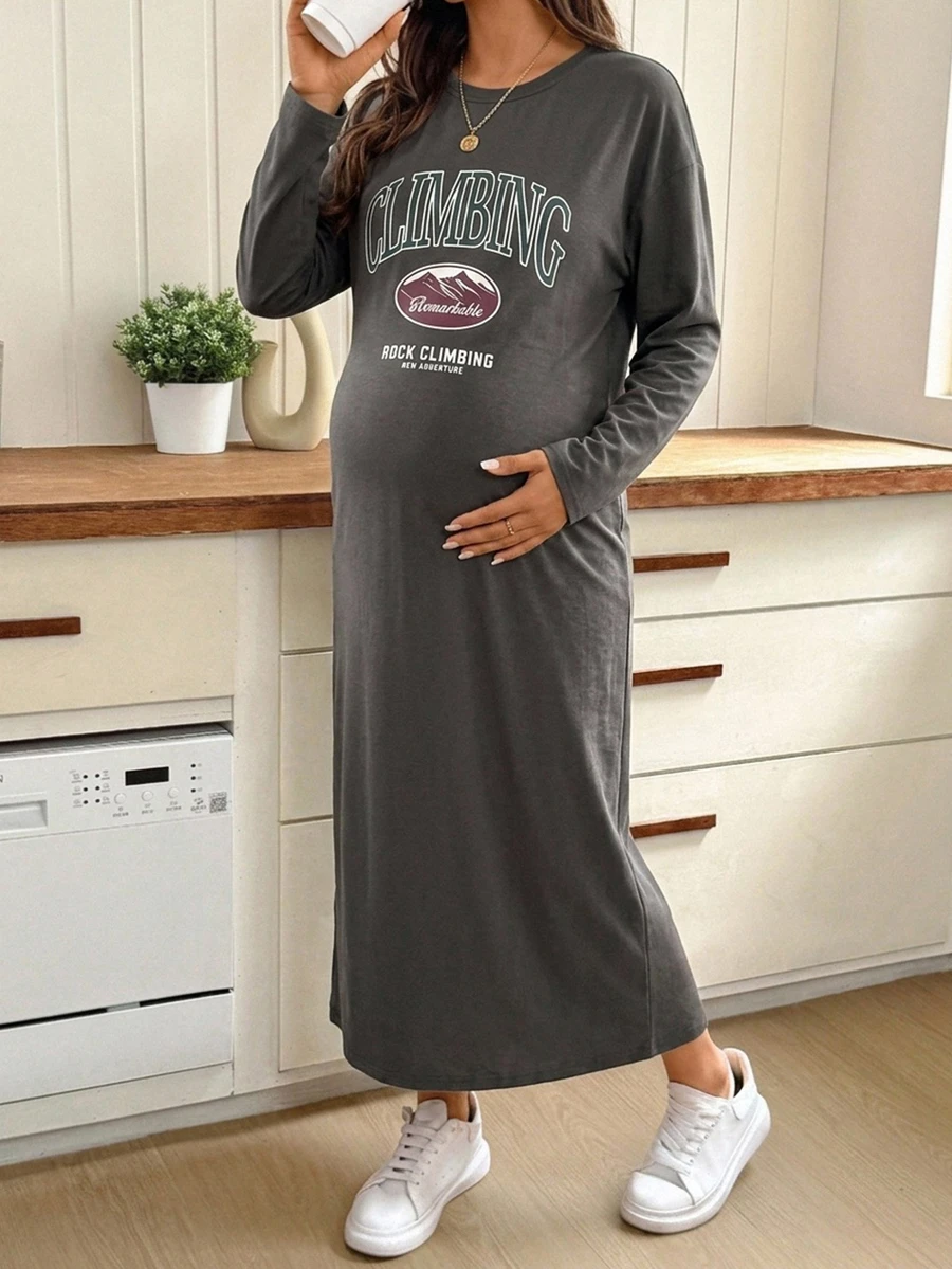 Dazy Maternity Letter Print Loose Long Sleeve Maxi Casual Daily Vacation Spring Autumn Maternity Dress - Grey - View 1