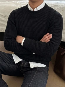 DAZY Sweater Pria Lengan Panjang Ketat Kerah Tinggi Warna Hitam Musim Gugur/Dingin - Hitam - View 7