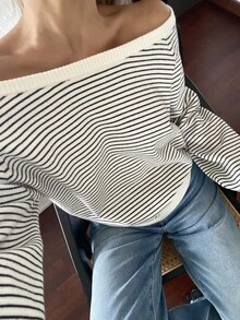 DAZY Women's Color Block Striped Asymmetrical Shoulder Asymmetrical Shoulder Long Sleeve Loose Casual Vacation Autumn/Winter Knit Sweater - White - View 7