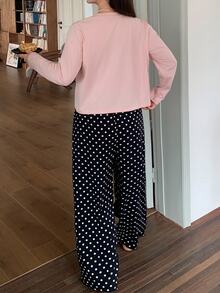 Dazy Plus Korean Style Letter Print Loose Pink Top And Polka Dot Pants 2-Piece Pajama Set, Spring Summer Autumn - Pink - View 2