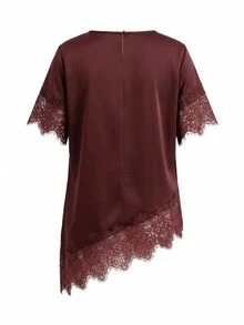 SHEIN Clasi 女款純色對比蕾絲不對稱下擺短袖上衣與魚尾裙優雅兩件套，酒紅色，適合晚餐、酒吧、派對，夏季穿著 - 酒紅色 - 查看 3