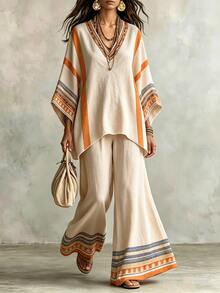 Bohemian Striped Colorblock Textured Print Set, Loose V-Neck Batwing Sleeve Top And High-Waist Draped Wide-Leg Pants Two Pieces Set, Casual Outfit For Outdoor Trips And Travel, Plus Size - Multicolor - View 4