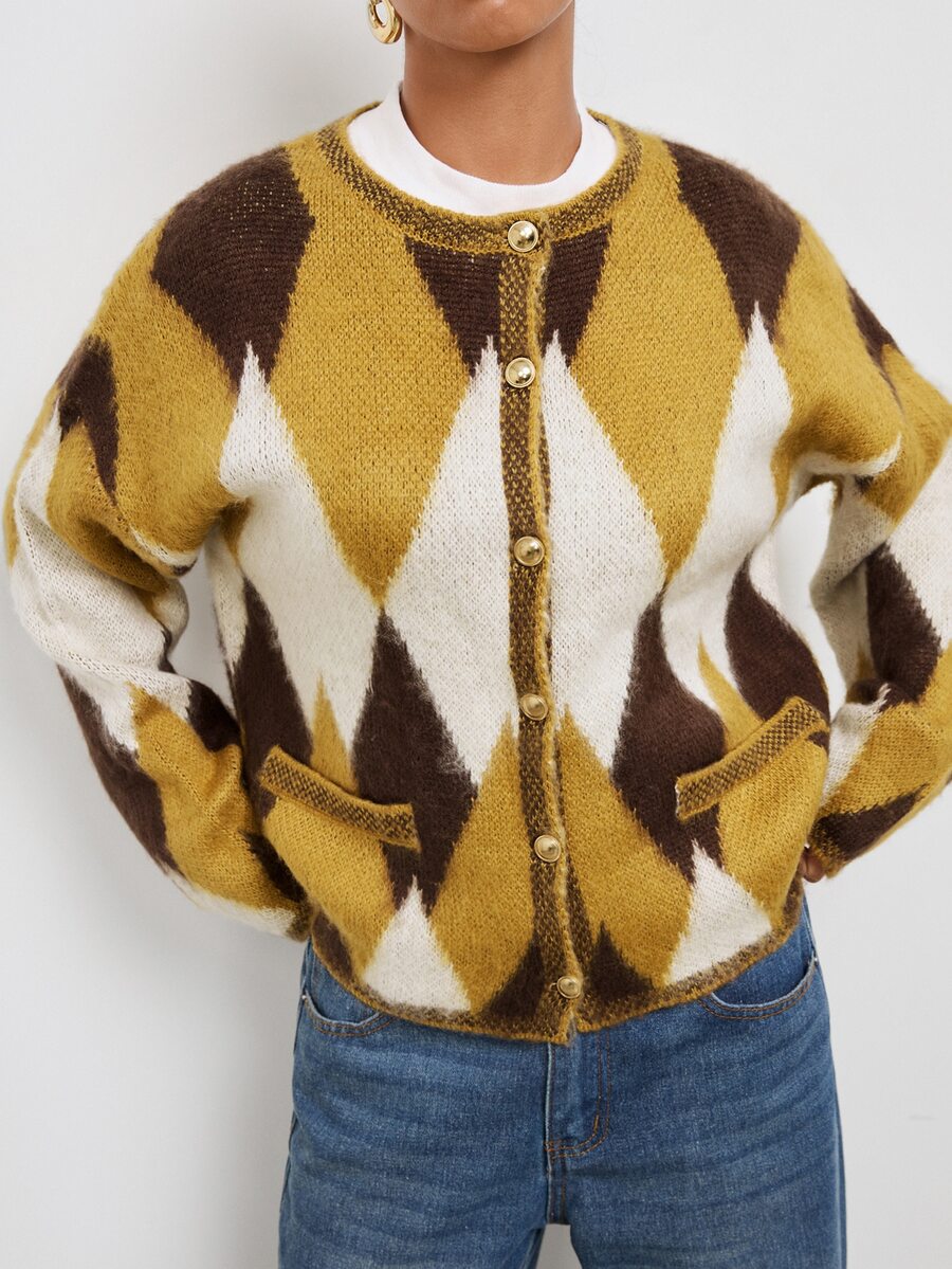 Maija Women's Diamond Quilted Casual Daily Cardigan - Brown - View 1