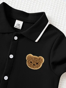 SHEIN 新生兒男嬰/女嬰秋冬款可愛卡通圖案 Polo 領長袖連身衣 - 黑色 - 查看 3