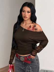Coolane 女款純色不對稱肩拼接蕾絲荷葉邊時尚短版T恤 - 咖啡棕 - 查看 7