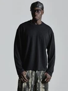 Musero Oversized Loose Fit Cut And Sew Jersey Crew Neckline Slight Drop Shoulder Autum Winter Essentials - Black - View 2