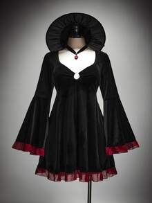 SHEIN ICON Plus-Size Y2K Gothic Retro Dress Featuring A Chest Cutout, Flared Sleeves, And Contrasting Ruffles; Halloween Dress; Witch Costume. Fall - Black - View 1