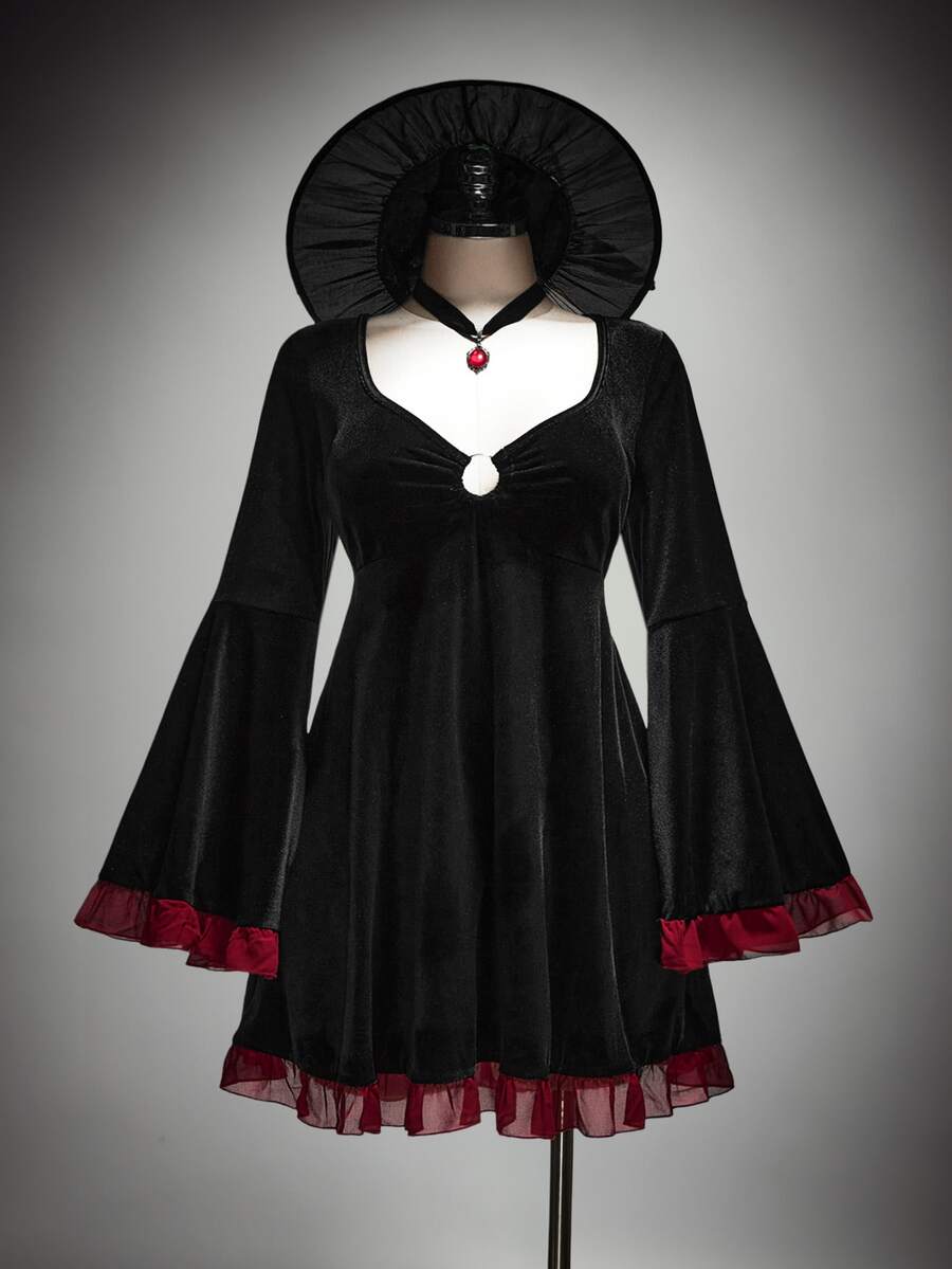SHEIN ICON Plus-Size Y2K Gothic Retro Dress Featuring A Chest Cutout, Flared Sleeves, And Contrasting Ruffles; Halloween Dress; Witch Costume. Fall - Black - View 1