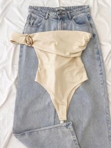 INAWLY Plus Size Sexy Fashion Metal Decor Bodysuit - Apricot - View 1