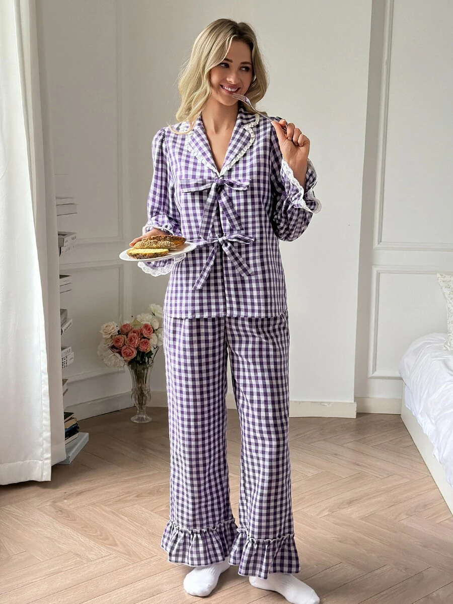 DAZY Women's Plaid Top And Pants Pajama Set Fall - Purple - View 1